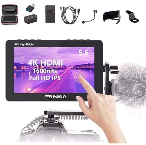 FEELWORLD F6 Pro NP-F970 Batterie, Chargeur, Kit d’étui de Rangement, Moniteur sur caméra à écran Tactile HDMI 4K de 5,5 Pouces Moniteur 1600nits Haute luminosité FHD IPS1920x1080