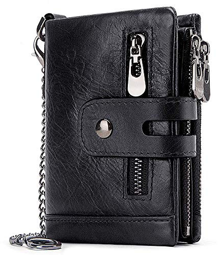 HALOVIE Cartera Hombre, Carteras para Hombre con Cadena, Monedero Hombre de Cuero con RFID Bloqueo, Billetera Piel con Cremallera Bifold & 16 Ranuras para Tarjetas, Negro