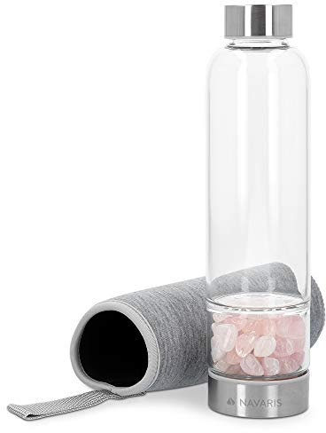 Navaris Crystal Water Bottle - 420ml Glass Gemstone Drink Bottle with Loose Natural Stones - Includes Neoprene Holder
