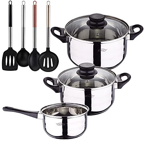 Bateria de cocina 5 piezas San Ignacio de acero inoxidable con set de 4 utensilios de cocina en nylon