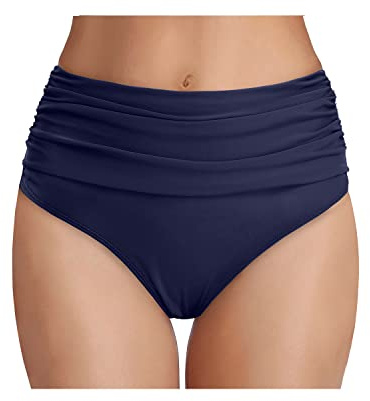 Tempt Me Women's Navy Blue High Waisted Bikini Bottom Tummy Control Ruched Bathing Suit Swim Bottom M