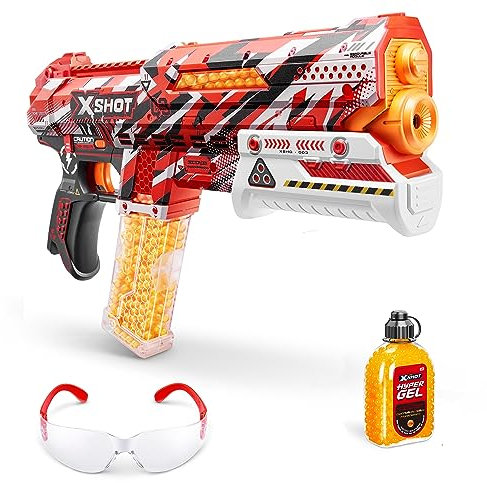XSHOT ZURU - Pistola de Embrague Hyper, Lanzador Manual semiautomático y Totalmente automático y 5.000 pellets, tolva de 100 capacidades y Cargador de Capacidad de 400, Gafas, a Partir de 14 años