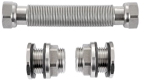 RAINPAL RBLSS5 Heavy Duty Stainless Steel Rain Barrel Linking Kit (Two SS304 Bulkhead Fittings and One 5” SS304 Corrugated Hose Expandable to 7.5”) (1)