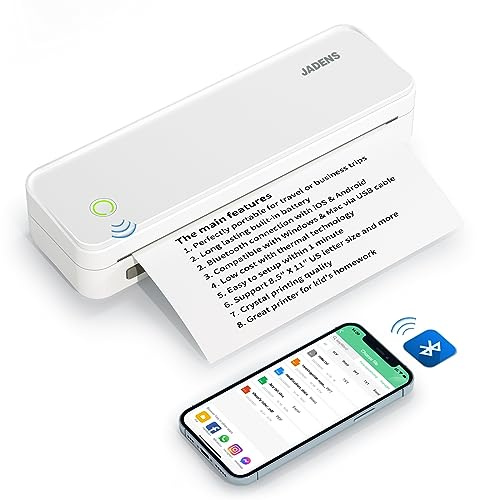 JADENS Portable Printers Wireless for Travel, A4 Thermal Printer, Bluetooth Thermal Printer Compatible with iOS, Android & Laptop, Inkless Mobile Printer for Office, Home, School