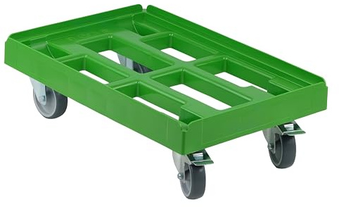 Transportroller für Kisten 60 x 40 cm mit 2 Bockrollen und 2 Bremsen in grün