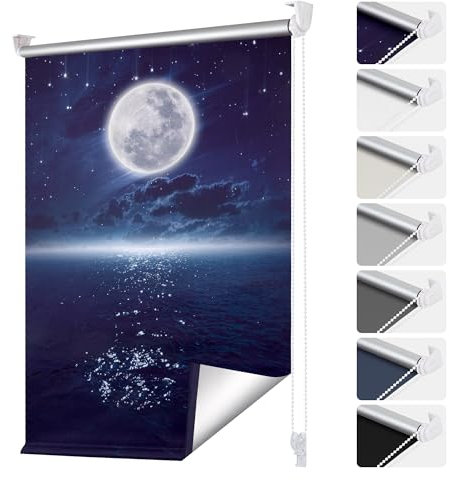 smartdemo Verdunklungsrollo ohne Bohren & mit Bohren, Blau 75x130cm(BxH), Klemmrollo Fensterrollo Leuchtsterne und Mond, Thermorollo Sichtschutz und Sonnenchutz, Klemmrollo rollos für Fenster