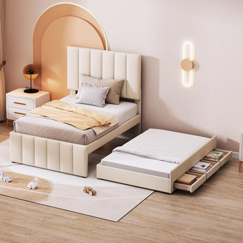 WIZBED Polsterbett Einzelbett mit Verstellbares Kopfteil, ausziehbares Bett mit 3 Schubladen, Kinderbett, Jugendbett, Gästebett, aus Leinen, Ohne Matratze