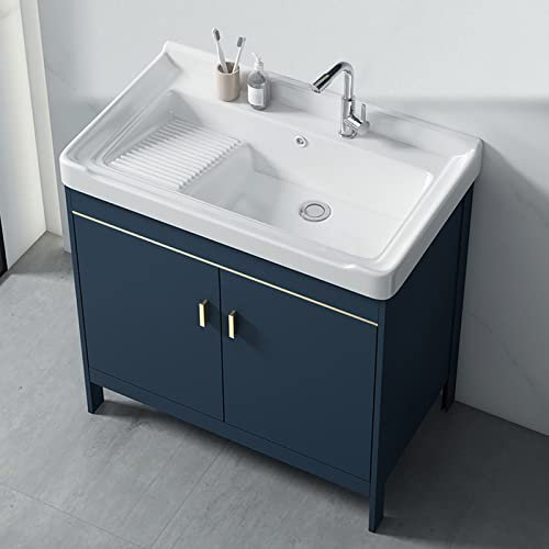 Lavandino per Lavanderia con Mobile, Stazione Lavamani in Ceramica Indipendente per Stanza, Garage, Cantina, Esterno e Interno, Contemporaneo (Dimensioni: 61 * 48 * 81 cm/24 * 18,8