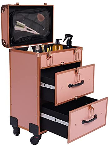 Loobiiny Kosmetikkoffer Trolley ManiküRe Tisch Kosmetikkoffer Professioneller Make-Up Koffer Mit Drehbaren Universalrollen Makeup Koffer(Gold)