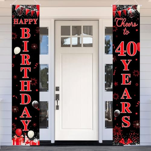 Sursurprise Happy 40th Birthday Türbanner Rot Schwarz für Jungen Mädchen, Happy Birthday Cheers to 40 Years Tür Veranda Schild Banner, 40 Jahre alt Indoor Outdoor Geburtstag Party Dekorationen