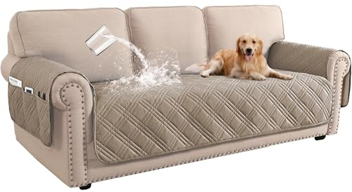 BellaHills 100% Waterproof 3 Seater Sofa Cover - Slipcovers with Side Pocket - Washable Pet Couch Cover - Sofa Protector (Taupe)