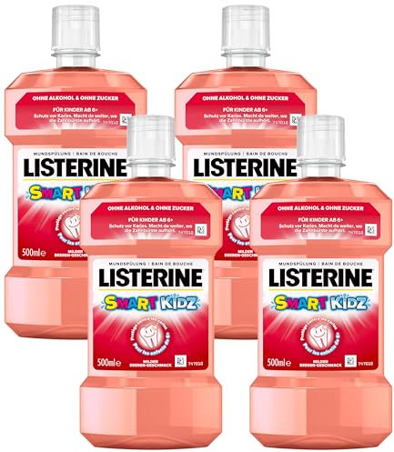 LISTERINE Smart Kidz Mild Berry (500 ml), antibakterielle Kinder Mundspülung ohne Alkohol & ohne Zucker, Mundwasser schützt vor Karies, geeignet für Kinder ab 6 Jahren (Packung mit 4)