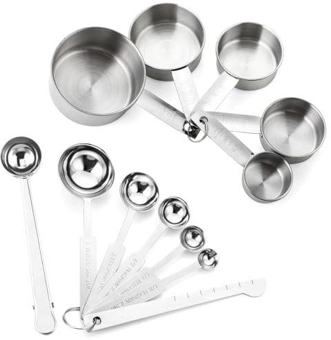 Edelstahl Messbecher und Löffel mit Meßlineal, Küche Set von 12，1 Scoop mit Clip,1 Messlineal (Richtmaschine) ，5 Messbecher ，5 schmalgenaue Messlöffel,Für Trockene und Flüssige Zutaten