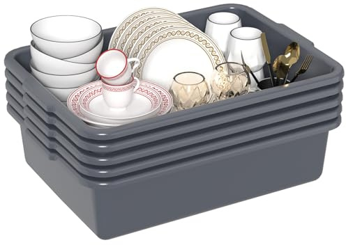 Ziglous 5 Packs 8 Liters Plastic Commercial Bus Tubs, Grey Dishes Bin | Rectangular Washing Up Bowl