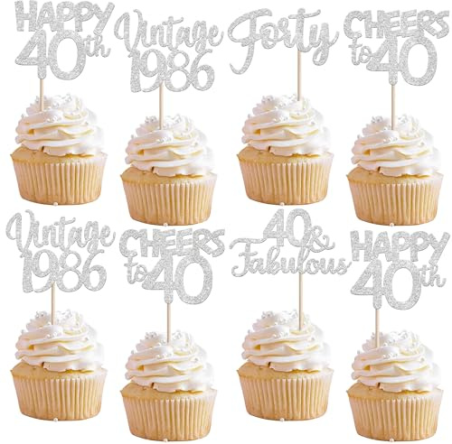 SYKYCTCY 30 Pack Happy 40th Birthday Cupcake Toppers Glitter Forty Vintage 1986 Cupcake Picks Cheers to 40 Fabulous Cake Decorations for 40th Birthday Wedding Anniversary Party Supplies Silver