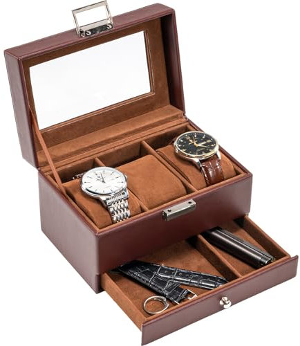 ProCase Watch Box for Men, 3 Slot Watch Display Case with Drawer, Mens Watch Case With Glass Lid, 2-Layer Jewelry and Watch Storage Watch Holder Organizer for Men Women -3 Slot, Espresso