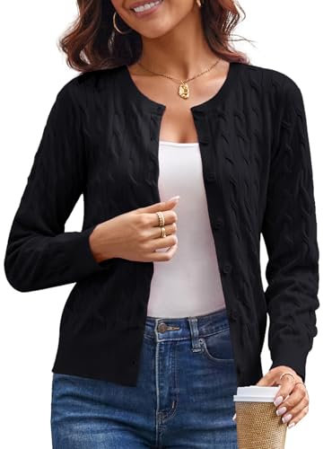 GRACE KARIN Fall Cable Knit Cardigan Sweaters for Women Lightweight, Black