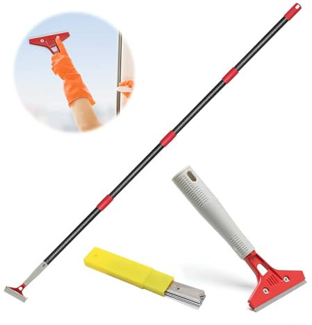 Raschietto con manico lungo, raschietto per vetro con 10 lame extra in metallo, raschietto multiuso resistente per finestre, pavimenti, pareti, stufe, vernice, etichette, adesivi