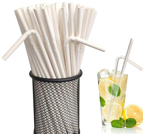 50 Pcs Bendable Paper Straws, Biodegradable Drinking Straws, Recyclable PaperStraws for Birthday Wedding Christmas Party Cocktails Picnic Milkshakes White Straws