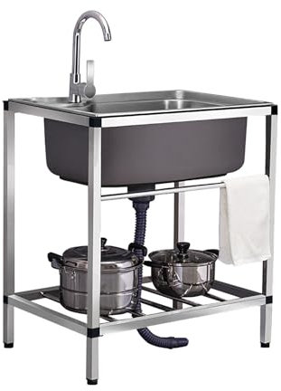 GLMGBP Lavelli da Cucina, lavello in Acciaio Inox freestanding, lavello di Servizio freestanding a Vasca Singola, lavamani in Acciaio Inox con Tubo Flessibile, per Hotel/Ristorante/Catering/Cucina