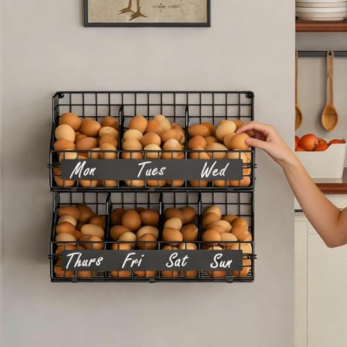 keomaisyto Egg Holder Countertop with 5 Dividers & DIY Labels to Separate Eggs, 2-Tier Stackable Wire Baskets, XXL Egg Basket for Gathering Fresh Eggs - Egg Organizer for Wall-Mounted(Patent Pending)