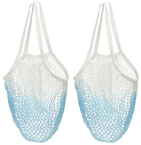 sourcing map 2 Pcs Mesh Market Bag Net Grocery Bags Reusable Mesh Tote Bag for Vegetables Fruit Storage Organizer Shopping Beach，Tie-Dye Blue