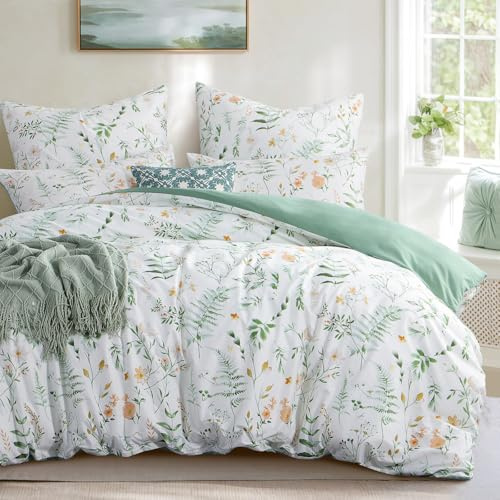 Aisbo King Size Bedding Duvet Cover Sets - 3 Pieces Floral Bedding Set White and Sage Green, Soft Brushed Microfiber Kingsize Bed Quilt Cover with 2 Pillowcase, 230x220 cm