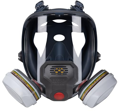 IRM-100 Full Face Respirator Mask with ABEK1P3 P-3-0 Filters – Push Button Seal Check, Silicone 6-Point Harness, Voice Amplifier, Impact Resistant Face Shield