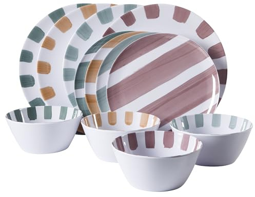 Gibson Home Cottage Stripes - Juego de vajilla de melamina irrompible de 12 piezas, para exteriores, campamento y uso diario, varios colores