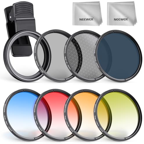 NEEWER Set di Filtri ND da 52mm Compatibile con iPhone (7pz), Filtro CPL+ ND32 + Starlight + GND (Rosso/Arancione/Giallo/Blu) a Clip per Obiettivo del Fotocamera Telefono, Kit Accessori per Fotografia