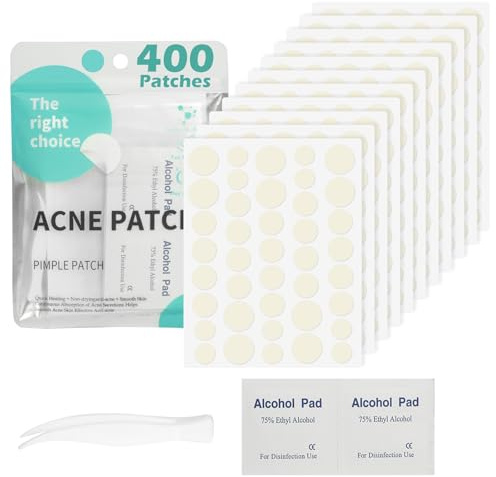 400 Piezas Parches Granos, Pimple Patches | Acne Patch, Redondas Transparentes para Granos Pegatinas Grano Cara Acné Invisibles Hidrocoloides con 10 Toallitas con Alcohol y Pinzas