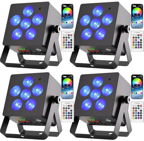 Oloaxolx 4 Stücke 50 W RGBWA+UV LED Par Akku wiederaufladbarem 5200 mAh Bühnenlicht gesteuert Fernbedienung/APP/DMX512/Master-Slave/Auto/Sprachsteuerung Modi, Baumlicht für DJ Disko party Hochzeit