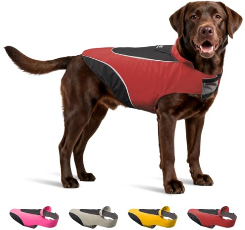 TSPRO Premium Hunderegenmantel, Wasserdicht, Reflektierende Streifen, Leinenloch für Kleine bis Mittelgroße Hunde, Verstellbare Gurte, Trocken Halten bei Regnerischen Spaziergängen (Rot, L)