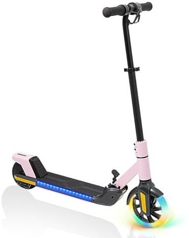 Elscooter barn (6–12 år) – upp till 16 km/h, max. Räckvidd 8 kg, 7-tums framhjul med självbelysning, 6-tums fulldäck bak, elektrisk skoter, vikbar för barn, gåva till ungdomar (rosa)