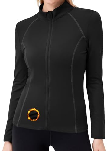 TERODACO Thermal Tops Womens Long Sleeve Full Zip Sports Jacket Womens Warm Quick Dry Ladies Base Layer for Skiing Running Gym,Stretchy UPF50+ Seamless UFO03 Black S