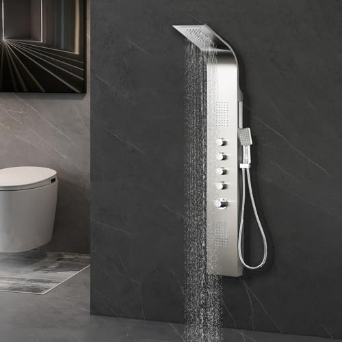 Probility Duschpaneel gebürstetem Edelstahl 304 mit Thermostat, 2 Massagendüsen, Wasserfalldusche, Kopfdusche, Handbrause