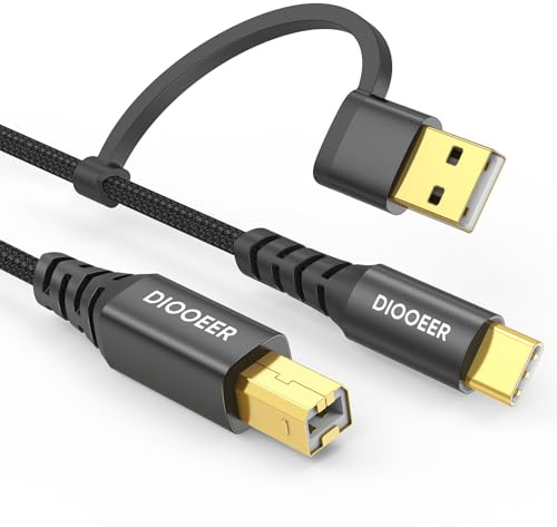 DIOOEER USB Printer Cable 2-in-1 USB B to USB C/A 6 Feet, High Speed Printer Cord Nylon Braided MIDI Cable Compatible with HP/Dell/Brother/Epson/Piano, Computer, MacBook Pro/Air, iPad, and More