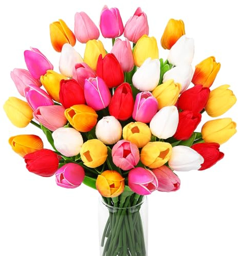 Ovveroche 48 Pcs Artificial Tulips Fake Flower Bouquet PU Real Touch Mixed Colors Easter Spring Floral Decorations Wedding Mother's Day Home Office Party Decor