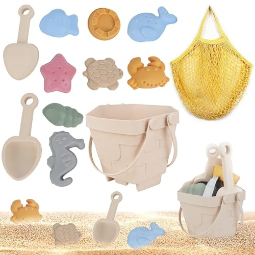 SKIKHN Set di giocattoli per sabbia in silicone, 12 pecices, set di giocattoli per la spiaggia, in morbido silicone, per la famiglia