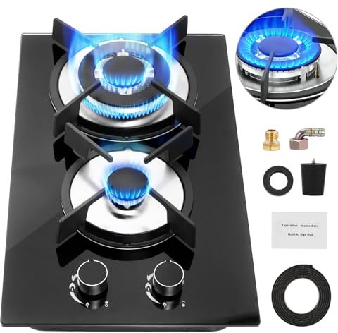 5050W Gas Hob 2 Burners, NG/LPG Convertible Induction Hob, 51cm Built-in | Tempered Glass Panel, Electronic Lgnition + Flame Failure Protection (Black)