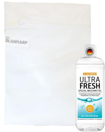 Ultrana Ultra Fresh Detergente desinfectante 500 ml + red de lavandería Olanmarp | Detergente higiénico concentrado para ropa de incontinencia y tejidos de cuidado – Fabricado en Alemania, biodegradable