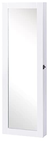 HOMCOM Espejo Joyero Colgante de Pared Armario de Joyería Organizador de Joyas con Ganchos y Ranuras para Collares para Dormitorio Salón 37x9,5x112 cm Blanco