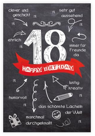 KE - Glückwunsch-Karte zum 18. Geburtstag, mit Umschlag, DIN B6, Glückwunschkarte zur Volljährigkeit, Geburtstagskarte, Motiv: Allgemein