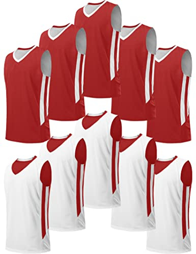Liberty Imports Youth Boys Reversible Mesh Performance Athletic Basketball Jerseys Blank Team Uniforms for Sports Scrimmage (10 pack, Red/White, Youth L)