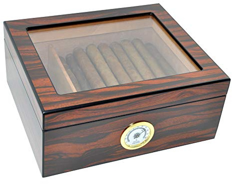 DUCIHBA Cigar Humidors Storage 25-50 Cuba Cigars Case, Tempered Glass Top Display, Handcraft Spanish Cedar Wood Desktop Cigar Box with Divider, Humidifier and Hygrometer, Gift for Man, Macassar Brown