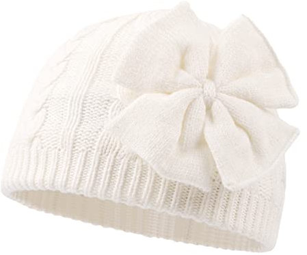 XIAOHAWANG Baby Mütze Mädchen Strickmütze Kinder Wintermütze Warm Kindermützen Mit Schleife (Weiß, Gr.M(6-24Monate)