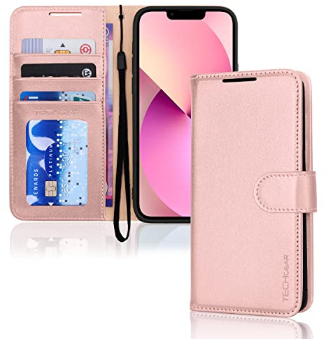 TECHGEAR Etui iPhone iPhone 13 Portefeuille - Housse en Cuir avec Rabat de Protection, Fentes pour Cartes, Béquille et Dragonne, Cuir PU Rose Compatible avec iPhone 13 6.1