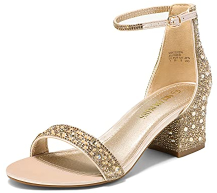 DREAM PAIRS Womens Low-Chunk Low Heel Pump Sandal,Size 8.5,Gold/Rhinestone,LOW-CHUNK