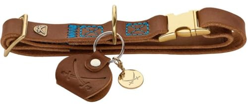 HUNTER Sansibar Hundehalsung | Rindsleder, Blaue Ziernähte, messingfarbene Beschläge, stufenlos verstellbar, Made in Germany, Farbe: Cognac, Größe: M
