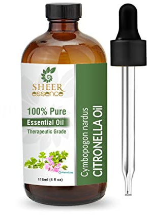 Sheer Essence Huiles essentielles 118 ml – 100 % pures et naturelles – Huile de qualité thérapeutique – Grand flacon de 118 ml avec compte-gouttes en verre de qualité supérieure (huile de citronnelle)